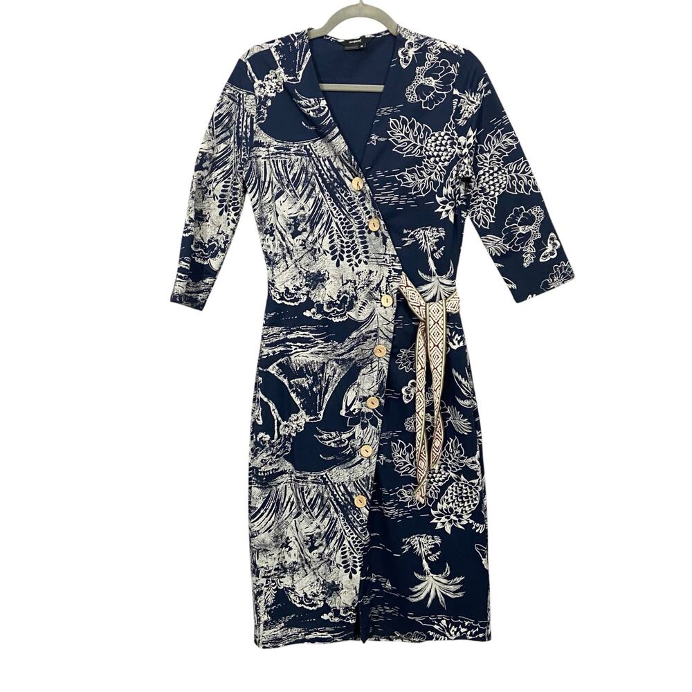 Desigual Pacific Dream Wrap Shift Dress Blue White Size Medium